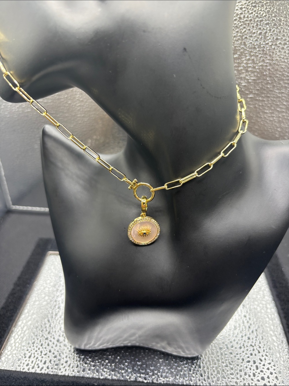 Gold-Tone Chain Necklace with Pink Medallion Charm
